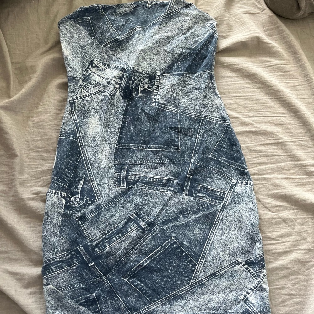 Denim Patterned Strapless Dress